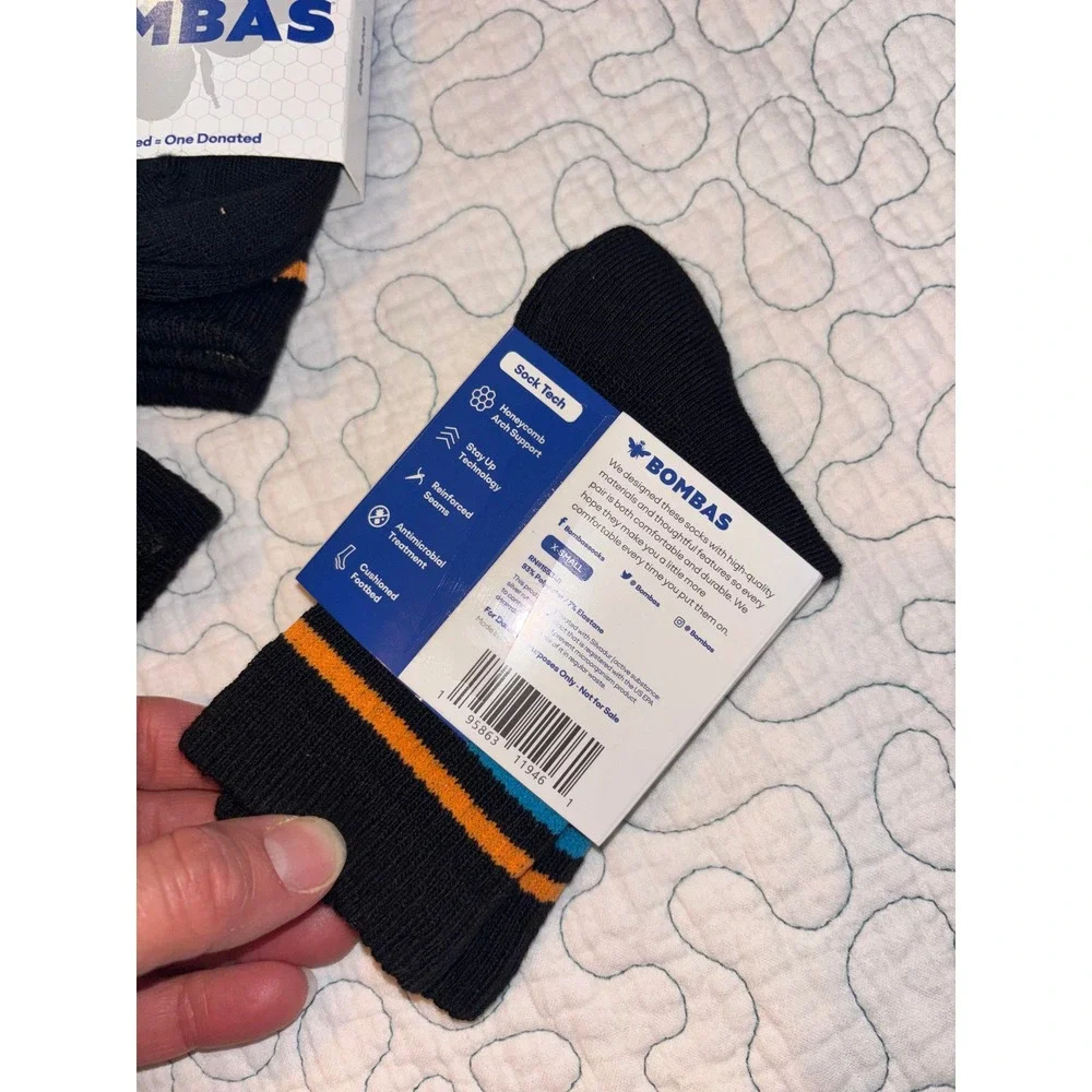 Bombas Black Ankle Socks 3-Pack XS Honeycomb Arch Support Bee Logo Striped